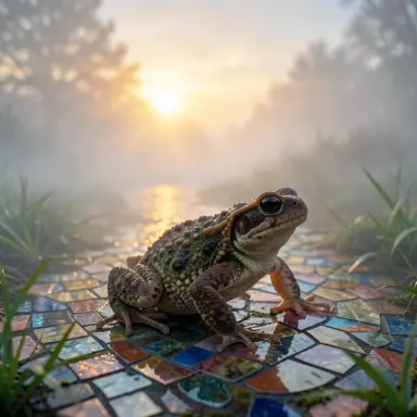 a toad at dawn with fog mosaic