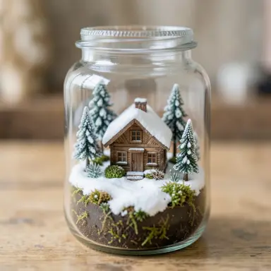diorama in a glass jar of a tiny forest cabin in winter moss and miniature trees macro