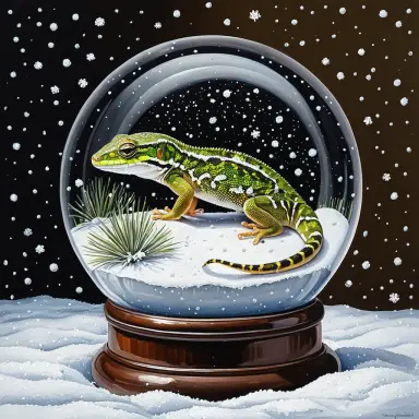 a gecko realist painting as a snow globe scene