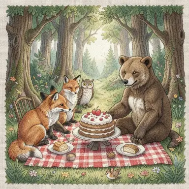 an enchanted forest picnic with foxes owls and a bear sharing cake embroidery style visible stitches