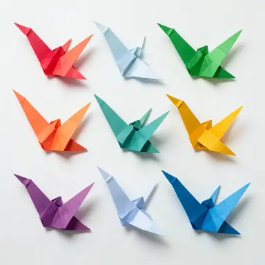 origami crane collection in gradient colours papercraft illustration soft shadows