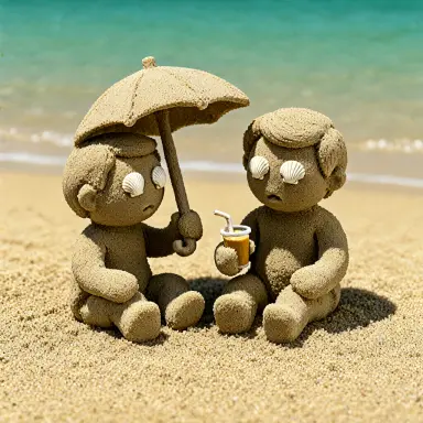 a claymation still of two figures sculpted from beach sand sharing a tiny umbrella drink on a sunlit beach