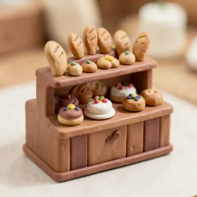 polymer clay miniature of a bakery display with tiny breads and cakes macro soft light