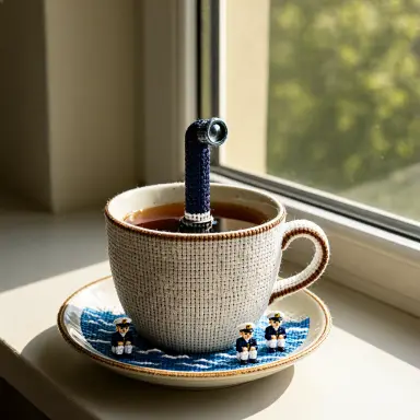 a cross stitch embroidery of a submarine periscope peeking out of a cup of tea on a sunny windowsill tiny