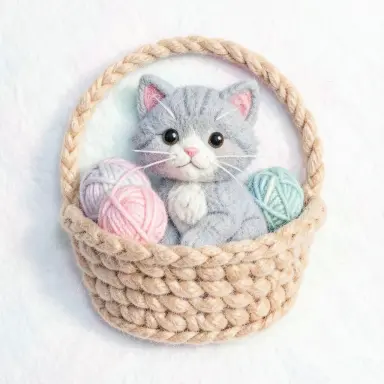 felt craft illustration of a grey kitten in a knitted basket with yarn balls soft wool texture pastel