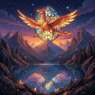 phoenix rising above a mountain lake at night stained glass style embers
