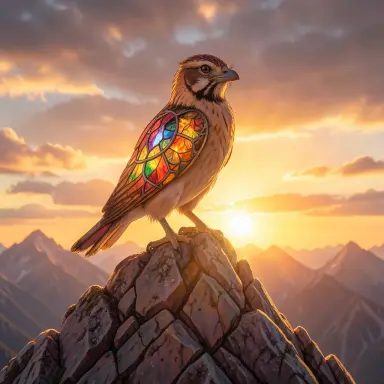 griffin perched on a mountain peak at sunrise stained glass style warm amber tones