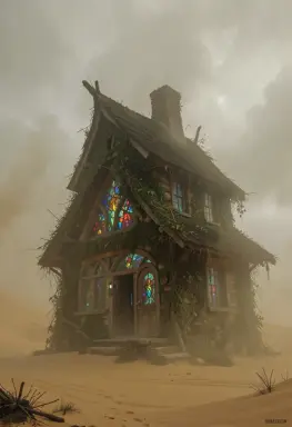 a hedge witch s cottage in a sandstorm haze stained glass