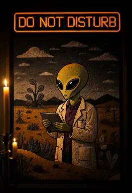 a huichol yarn painting of an alien botanist waking up late tiny in a vast landscape the scene takes place