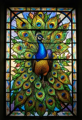 stained glass of a peacock