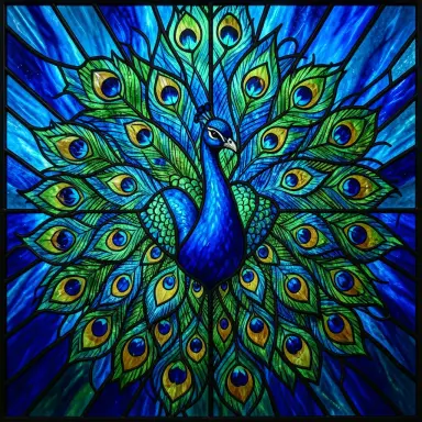 stained glass style illustration of a peacock deep blues and greens bold black leading