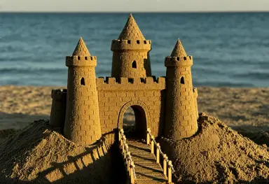 a sand sculpture of a castle with towers and a drawbridge on a beach lit from the left by warm late afternoon