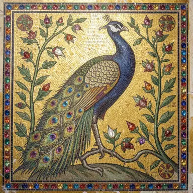 byzantine mosaic of a peacock among vines gold tiles jewel colours