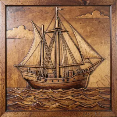 wooden marquetry of a sailing boat