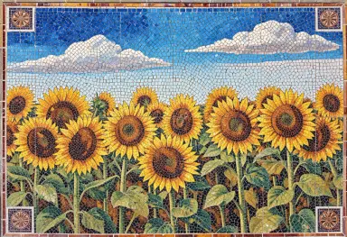 mosaic of a sunflower field under a blue sky small ceramic tiles roman mosaic style warm colours