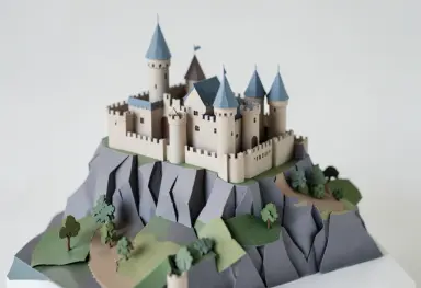 papercraft model of a medieval castle on a cliff layered paper soft shadows miniature feel
