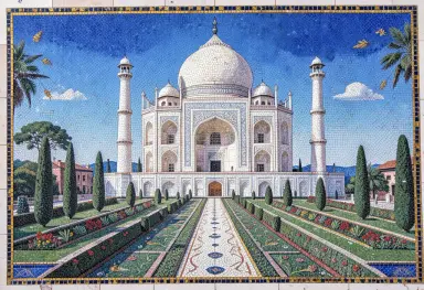 mosaic of the taj mahal with gardens small tiles white and gold on blue
