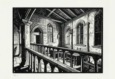 a monastery refectory from a balcony linocut print