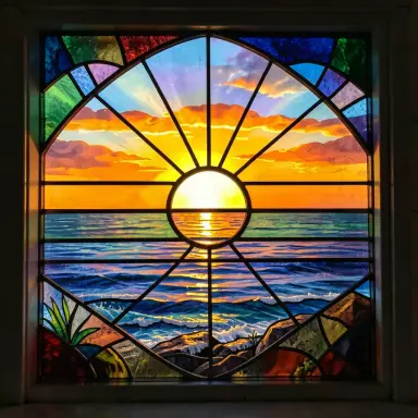 stained glass of a sunrise over the sea