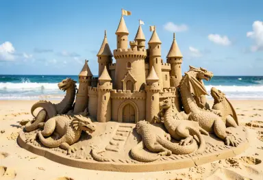 sand sculpture of a castle with dragons on a sunny beach fine detail photograph style