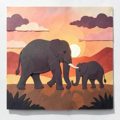 papercut art of an elephant family walking at sunset layered paper warm palette