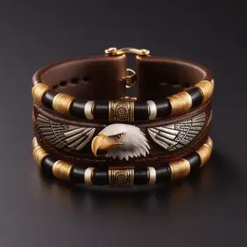 eagle bracelet made of buckskin with eagle features, rich details, fine carvings, studio lighting