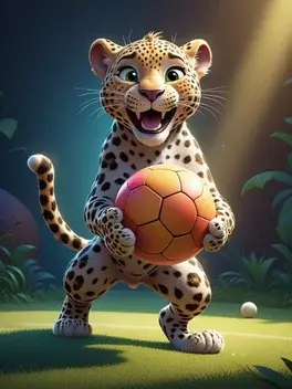 magical happy leopard playing with a ball in a right side , dramatic light, the art style of pixar, happy feel