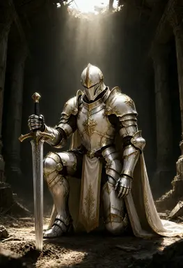 a fantasy concept art of a paladin in white and gold plate armour kneeling before a sword planted in the