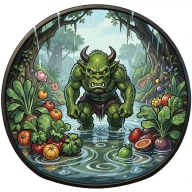 icon painting of an orc vegetable garden during a flood