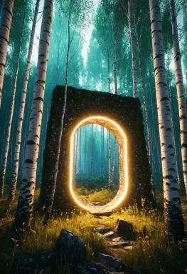 a glowing portal in a birch forest cinematic