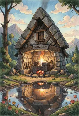 a dwarf forge with puddles reflecting the sky folk art