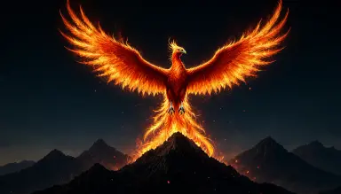 a fantasy concept art of a phoenix rising from flames above a dark mountain range lit by the fire of the