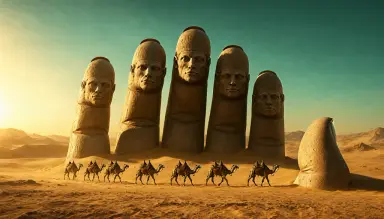 a fantasy concept art of a desert caravan of camels passing ancient colossal statues half buried in sand lit