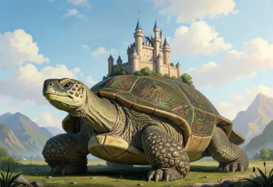 a castle on the back of a giant turtle painting