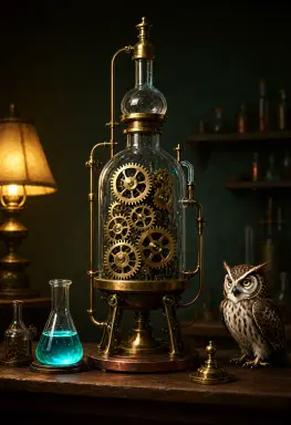 a fantasy concept art of a clockwork alchemist s workshop with brass gears glass alembics and a mechanical