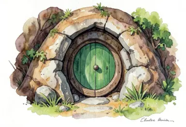 a hobbit hole with a round green door gouache