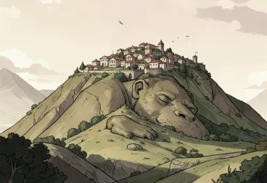 a sleeping giant hill with a village on top illustration