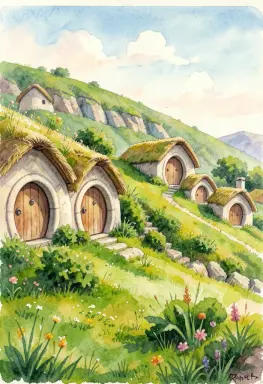 a village of hobbit holes with round doors on a green hillside gouache painting cozy