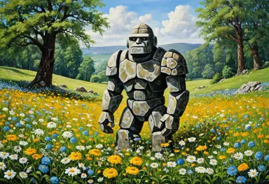 a stone golem in a flower meadow painting