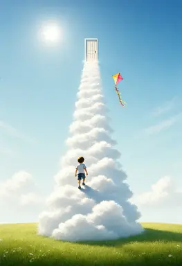 a dreamlike illustration of a staircase of white clouds climbing from a sunny meadow to a door in the sky a