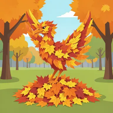 a phoenix made of autumn leaves rising from a pile of leaves in a park flat vector illustration