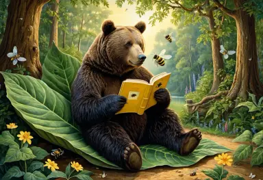 romantic painting of a bear who keeps a bee library on a giant leaf