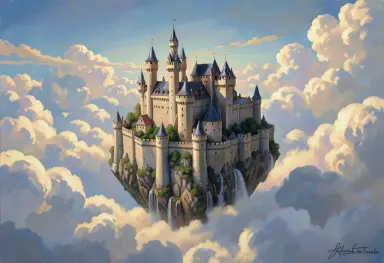 a castle floating in the clouds painting