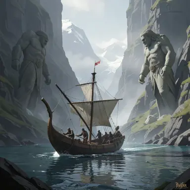 viking longship sailing into a fjord guarded by colossal stone statues matte painting style