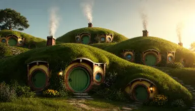 a fantasy concept art of a village of round hobbit like houses built into green hills smoke rising from