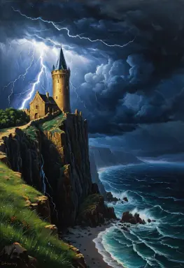 oil painting of a wizard tower on a cliff during a storm lightning dramatic chiaroscuro