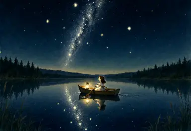 a storybook illustration of a girl rowing a boat across a calm lake at night where the stars are reflected so