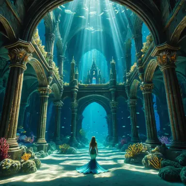 underwater photograph style of a mermaid kingdom in a sunken cathedral shafts of light masterpiece best