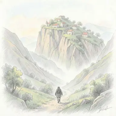 a giant walking through a misty valley with villages on its shoulders pencil sketch with light colour