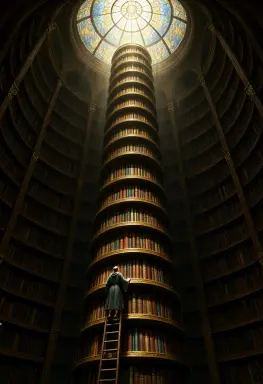 a fantasy concept art of a giant library tower with spiral shelves and a lone scholar on a ladder lit from